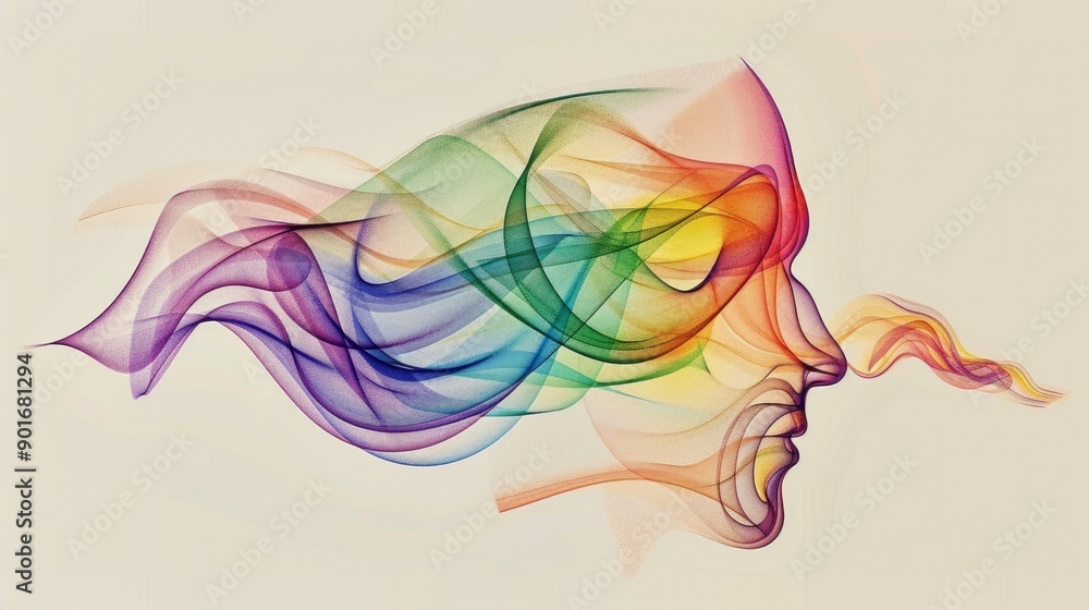 Poster create a dynamic visual of an ear with swirling, colorful lines representing sound waves, set agains