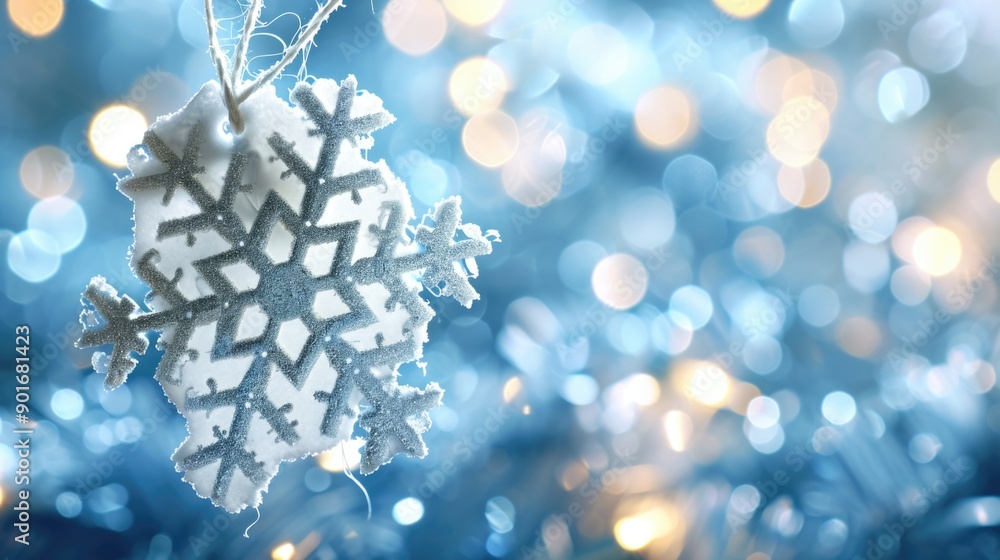 Poster a snowflake is hanging from a string in the air. the snowflake is white and has a silver color. the 