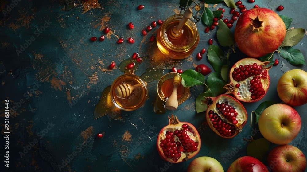 Poster a bowl of fruit with apples and pomegranates on a table. there is also a jar of honey on the table. 