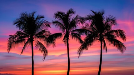 Obraz premium The concept of silhouetted palm trees against a bright sunset sky.