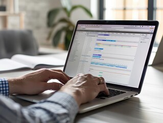 A professional working on a laptop, analyzing data in a modern workspace filled with natural light and greenery.