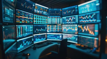 A stock market wallpaper with multiple monitors displaying real-time financial data and charts