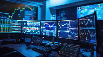 A stock market wallpaper with multiple monitors displaying real-time financial data and charts