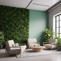 Interior of modern living room with green walls, tiled floor, white armchairs and round coffee table