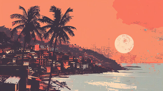 Risograph artistic riso print travel poster, card, wallpaper or banner illustration, modern, isolated, clear, simple of Freetown, Sierra Leone. Artistic, screen printing, stencil