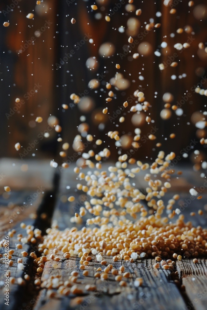 Poster a large amount of popcorn is falling from the sky. the scene is set on a wooden table, and the popco