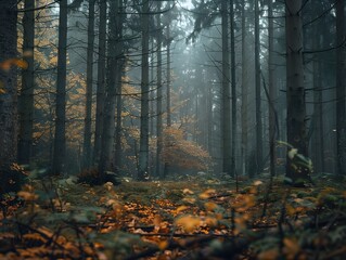 Obraz premium Serene Autumn Forest Landscape with Misty Atmosphere