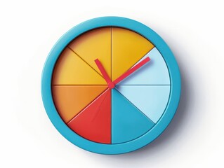 A vibrant, colorful wall clock with a modern design, featuring distinct segments and bold hands showcasing time management.