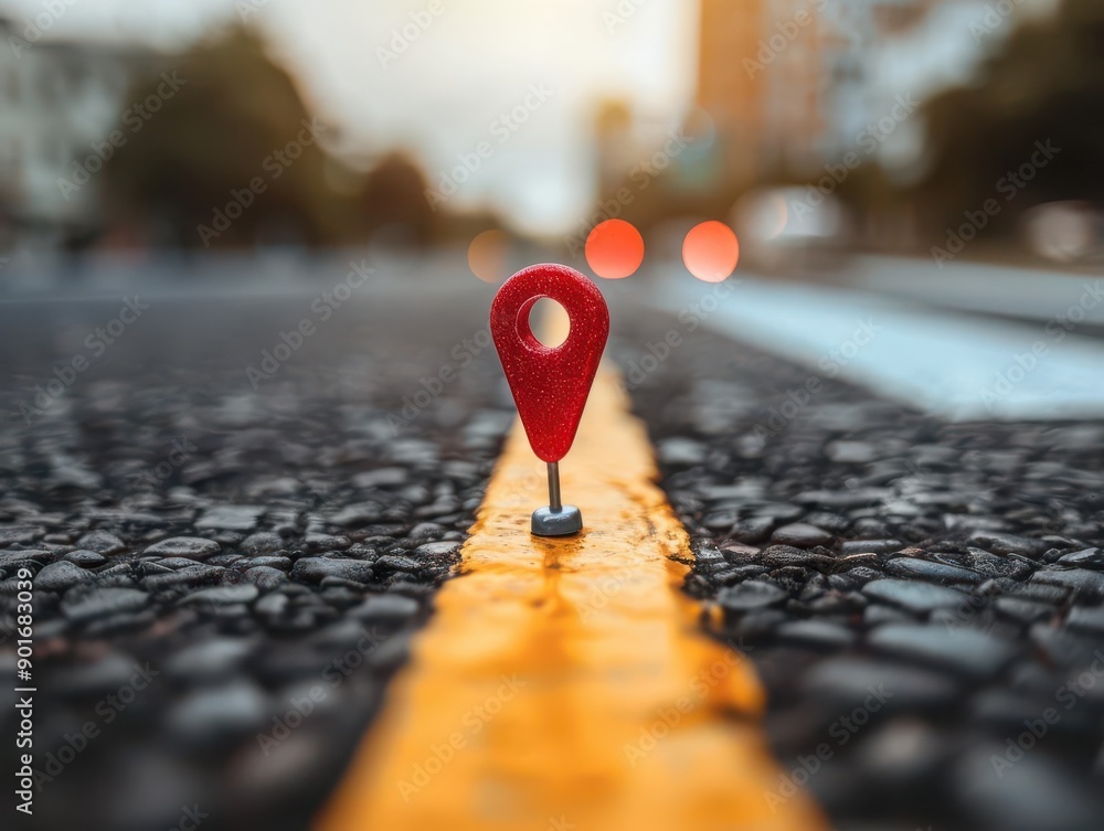Poster a vibrant red location marker on a street, symbolizing navigation and guidance in an urban environme