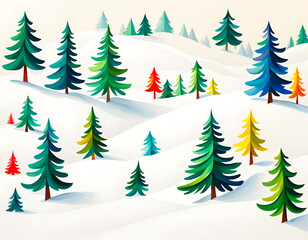 Obraz premium Colorful Christmas trees background, naive painting