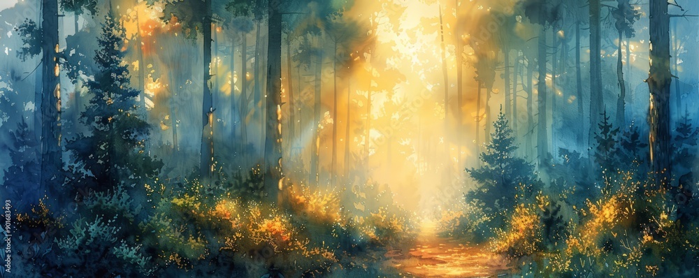 Poster a forest with a path leading through it
