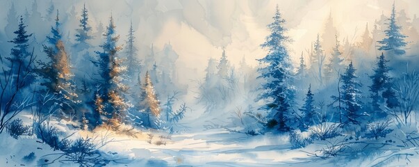 Fototapeta premium Abstract winter forest with snow-covered trees in watercolor.