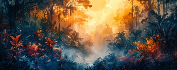 Abstract lush jungle with exotic wildlife in watercolor.
