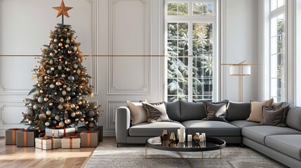 Photograph of a living room decorated for Christmas with white walls, wooden floors and a fireplace
