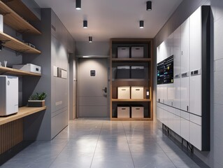Contemporary interior of a modern storage room with organized shelves and stylish cabinets under bright lighting.