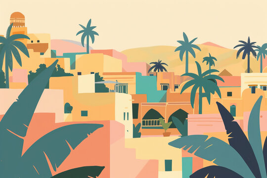 Risograph artistic riso print travel poster, card, wallpaper or banner illustration, modern, isolated, clear, simple of Ghadames, Libya. Artistic, screen printing, stencil