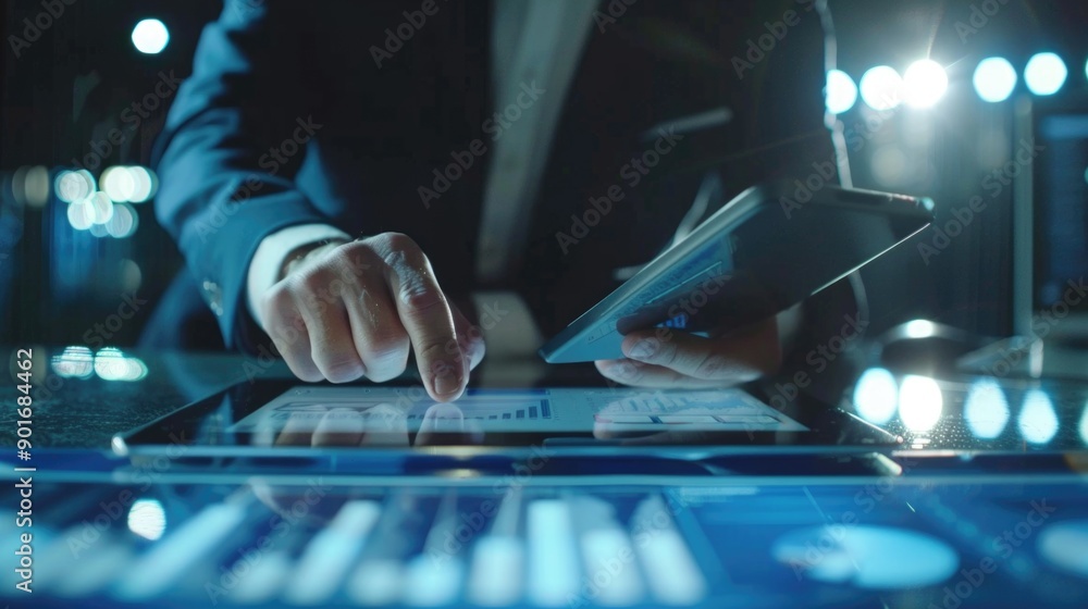 Poster a man is using a tablet to point at a graph. concept of focus and concentration as the man carefully