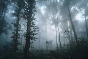Fototapeta premium Surreal beautiful forest with fog