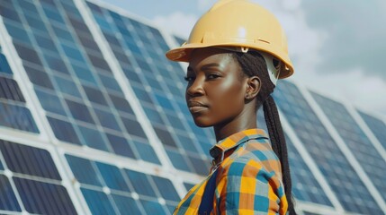 Renewable energy African American female engineer near solar panels Wear a helmet.