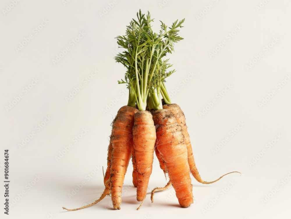 Poster a bunch of carrots are sitting on a white background. the carrots are all different sizes and are al