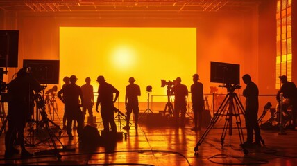 Fototapeta premium Silhouettes of filmmakers working on a movie set with dramatic lighting and equipment, creating a captivating cinematic atmosphere.