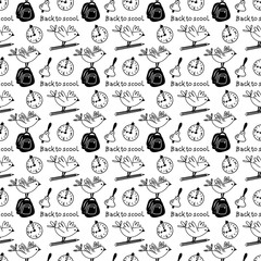 Vector seamless pattern school time design. Hand drawn school doodle elements birds, pencil, backpack watch with hand drawn words in English back to school
