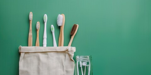 A basket of toothbrushes and a glass of water sit on a green wall. The toothbrushes are made of wood and are arranged in a row. The basket is white and has a green lining