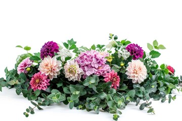 A bouquet of flowers with a variety of colors including pink, purple, and white. The arrangement is on a white background