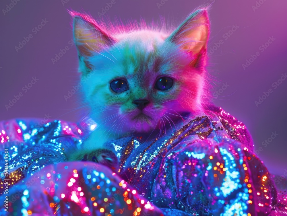 Poster a kitten is sitting on a bed with a shiny, colorful blanket. the kitten is looking up at the camera 