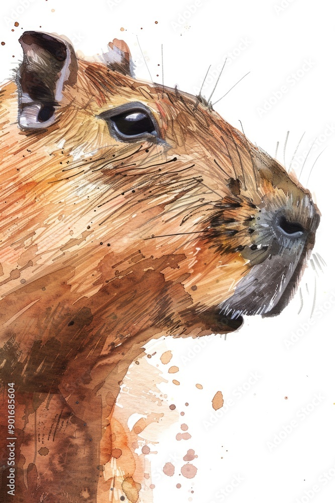 Poster a close up of a brown capybara with a watercolor background. the capybara is looking at the camera w