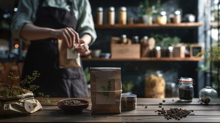 Person packaging herbs in a rustic kitchen