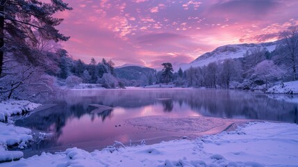 Purple sunset over a snowy landscape with calm lake reflecting the colorful sky. Nature's beauty in a serene winter sunset by a tranquil lake.
