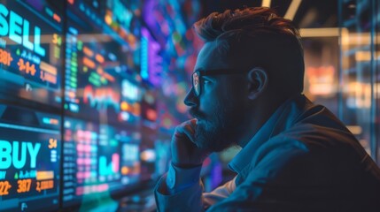 Obraz premium Man analyzing stock market data on multiple screens, neon lighting creates modern high-tech ambiance in trading room filled with digital displays.