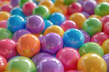A bunch of colorful balls are piled up on top of each other. The balls are of different colors, including red, blue, green, and yellow. Concept of playfulness and fun