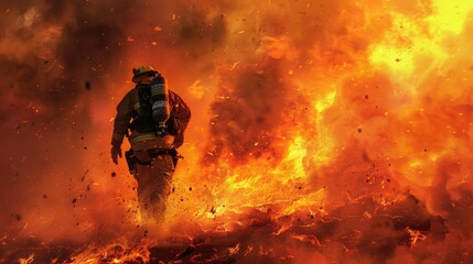 Intense scene of a firefighter in full gear running towards a massive fire, with flames and a bright orange glow engulfing the surroundings