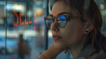 Fototapeta premium Thoughtful young woman in glasses looks out of window, city reflections visible.
