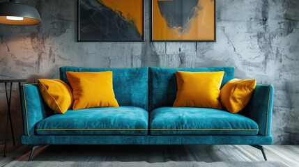 Modern Teal Sofa with Vibrant Yellow Pillows in a Stylish Living Room