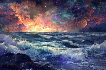 Fototapeta premium Stunning digital art of a galaxy night sky over a vibrant ocean, with waves crashing and colorful clouds illuminated by the stars.