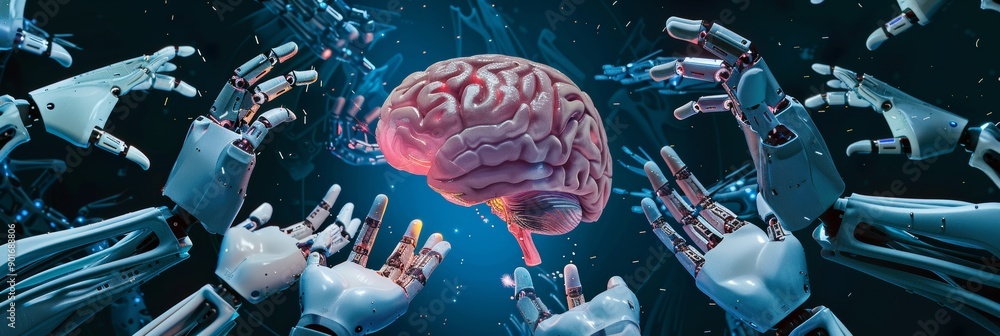 Aufkleber robots extend hands to a human brain, visualizing the partnership between ai and human intellect