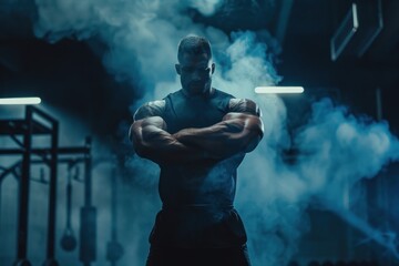 Sports nerd with huge muscle arms isolated blurred black gym background rim light with smoke