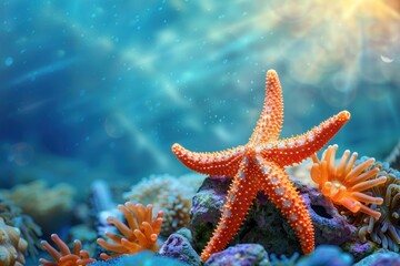 Starfish underwater adventure, sea beauty, HD, Realistic, with copy space