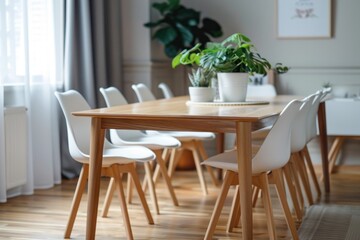 Stylish wooden dining table and chairs in room. Interior design. copy space