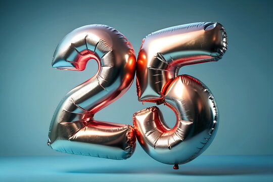 25 number silver pink ballon on grey background. Twenty five font balloon isolated . Discount , sale ,birthday, anniversary concept