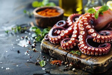 succulent octopus tentacles on a wooden board with herbs and spices, on a rustic kitchen table background