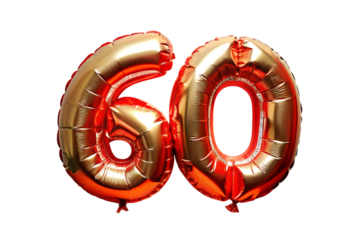60 number red golden ballon .Sixty font balloon isolated on  transparent background. Discount , sale , birthday, anniversary concept .PNG