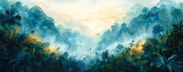 A painting of a forest with a blue sky in the background