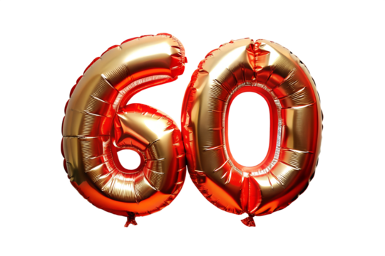 60 number red golden ballon .Sixty font balloon isolated on  transparent background. Discount , sale , birthday, anniversary concept .PNG - Powered by Adobe