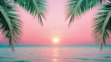 Tropical beach with palm trees sea water  pink turquoise color on sunrise time. Banner. Beautiful relax vacation travel background with copy space.