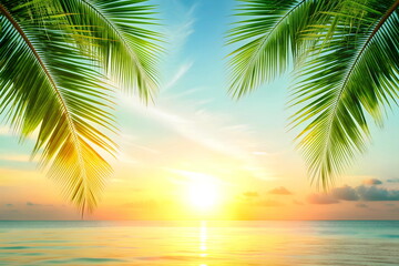 Tropical beach with palm trees and turquoise water on sunrise time. Beautiful relax vacation travel background with copy space.