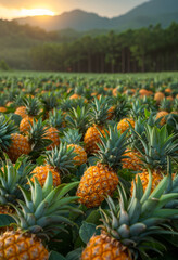 Fototapeta premium Pineapple Field at Sunset. A pineapple field stretches out towards the horizon, with rows of ripe pineapples bathed in the golden light of sunset.